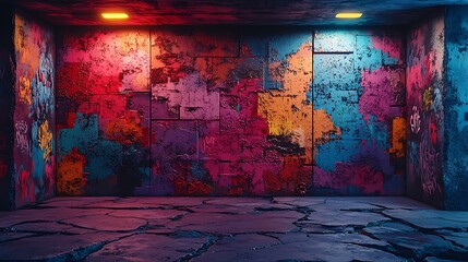 Obraz premium A vibrant explosion of graffiti patterns layered over a cracked concrete surface, glitch-like distortions enhancing the colorful designs, creating an energetic urban feel,