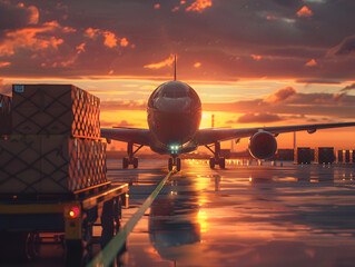 Transport plane being loaded on the runway. Neural network AI generated art