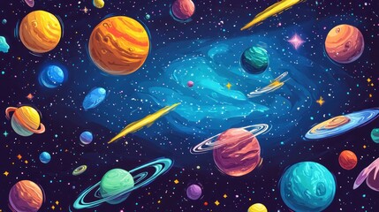 Colorful planets with rings and stars in the galaxy.