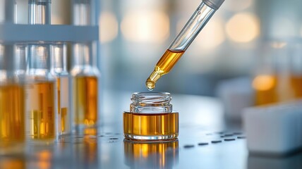 A pipette extracting serum from a glass vial during cosmetic formulation in a research lab