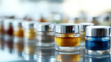 Small glass jars with various creams and serums, representing different cosmetic prototypes
