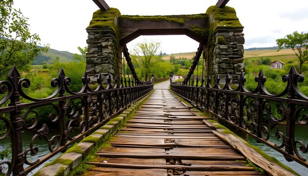 A Moss-Covered Bridge Over a River in a Lush Valley