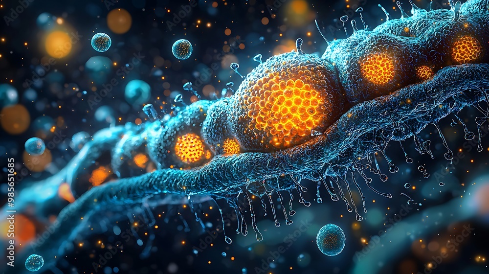 Poster blue and orange shapes form a microscopic view of abstract cell structure.