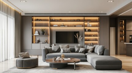 Modern living room with sectional sofa, coffee table, and large bookcase.