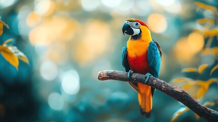 A colorful parrot sits on a branch.