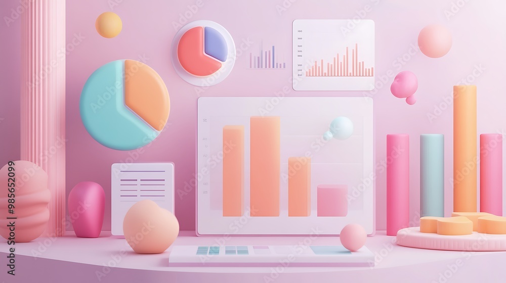 Poster pastel-colored 3d render of geometric shapes and data visualizations
