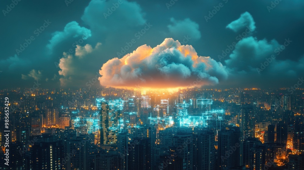 Wall mural a glowing cloud hovering over a cityscape at night, representing the internet and digital network co