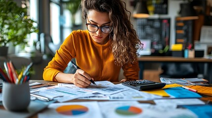 Fototapeta premium A businesswoman at her desk, deep in thought, analyzing charts and graphs with precision.