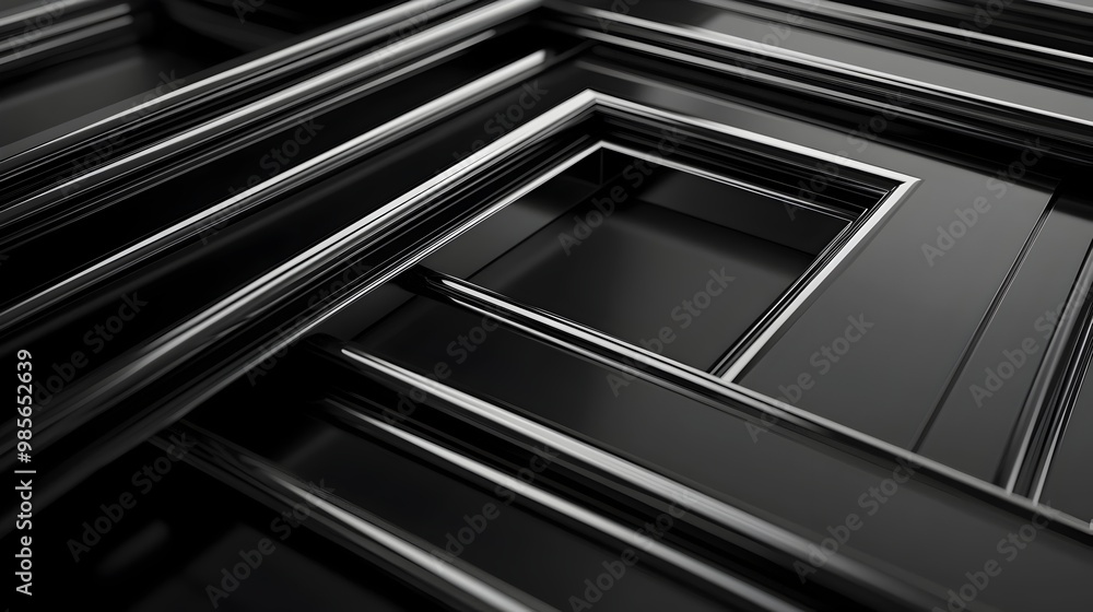 Poster elegant 3d chrome frame on dark matte background with reflections for high-end branding