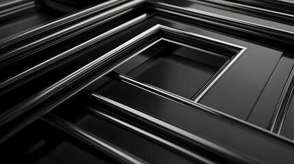 Obraz premium Elegant 3D Chrome Frame on Dark Matte Background with Reflections for High-End Branding