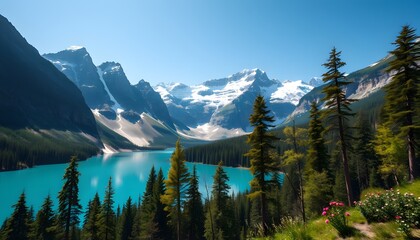 Majestic Mountain Lake Surrounded by Evergreen Trees and Snow-Capped Peaks