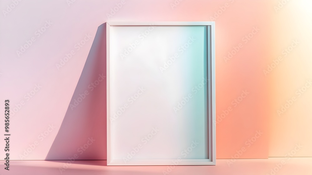 Poster minimalist white paper frame floating on pastel gradient background for creative content display