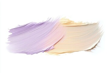 Abstract paint strokes in soft lavender and beige tones on a white background.