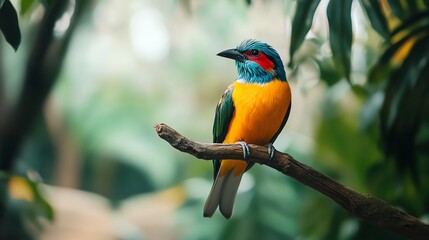 Naklejka premium A vibrantly colored bird perches on a branch in a lush green forest.