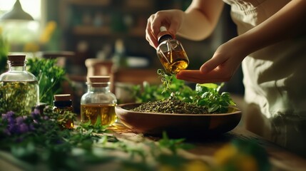 mixing oils herbs and other organic remedies homeopathy concept