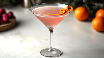 A pink Cosmopolitan cocktail in a sleek martini glass, with an orange twist garnish, against a stark white background, soft shadows, polished, sophisticated look.  --ar 16:9 --no logo