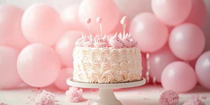 Sweet pink balloons and cake