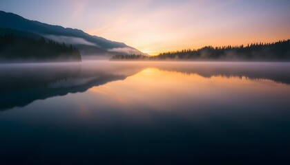 Fototapeta premium Misty Lake with Mountain Silhouette at Sunset