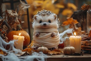 A hedgehog wrapped in tiny mummy bandages, sitting on a Halloween-themed table surrounded by spooky decorations like candles and cobwebs, creating a cute yet eerie atmosphere