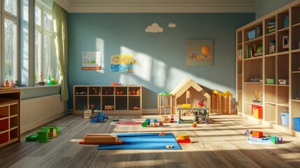 A well-lit playroom with wooden toys scattered across a blue mat and wooden floor.