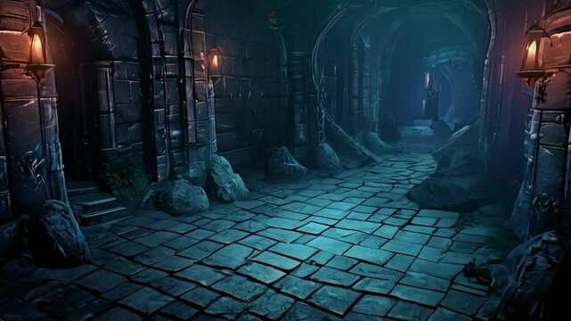 Dark and Mysterious Stone Corridor with Cobblestone Floor and Dimly Lit Lanterns