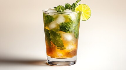 A refreshing Mojito cocktail in a tall glass, filled with ice cubes, mint leaves, and lime wedges, on a pure white background, crisp lighting, refreshing and clean composition.  --ar 16:9 --no logo