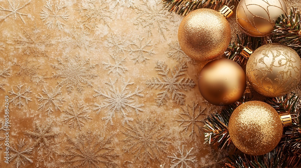 Poster elegant golden ornaments and tinsel on snowflake patterned background with copyspace