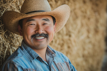 Fototapeta premium Asian man wearing cowboy hat and horseshoe mustache, copy space on hay barn background