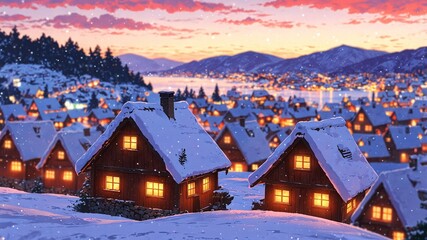 Illustration of a village, houses with lights, lake, and mountain landscape at winter sunset sky.