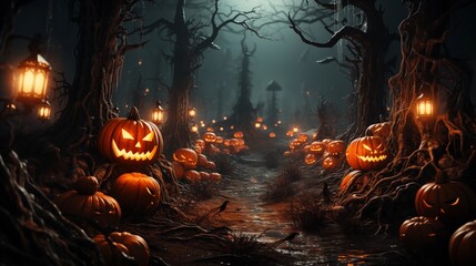 glowing pumpkin heads in dark halloween magic forest, neural network generated art. Digitally generated image. Not based on any actual scene or pattern.