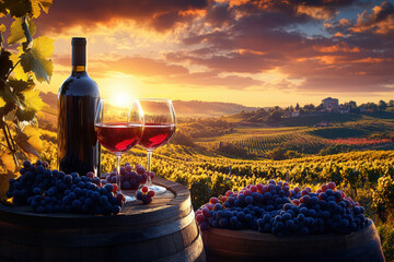 Vineyard landscape with wine and fruits