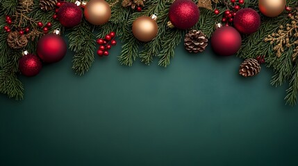 Elegant Red and Gold Christmas Tree Ornaments on Rich Green Background