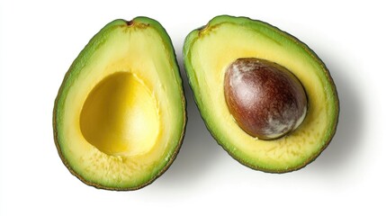 An avocado cut in half with its vibrant green flesh and seed on a white background
