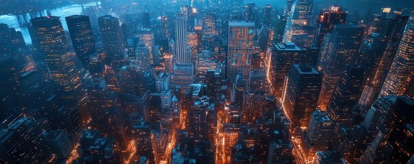 A breathtaking aerial view of a vibrant cityscape illuminated by glowing lights at dusk, showcasing urban architecture and energy.