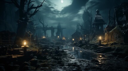 Fototapeta premium Graveyard in spooky death Forest At Halloween Night.