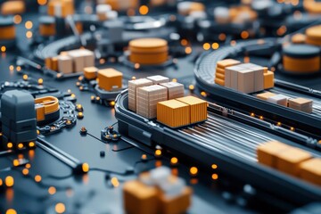 A close-up view of a logistics system featuring orange packages, conveyor belts, and intricate circuit elements for modern shipping.