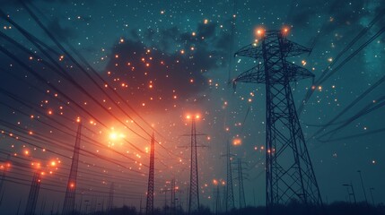 3D Visualization of Power Transmission Lines Against a Starry Night: Renewable Energy Concept