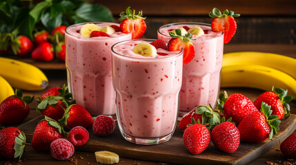 Two glasses of strawberry banana smoothies with fresh strawberries and banana slices.
