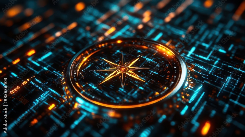Poster a futuristic compass design set against a glowing circuit-themed background, symbolizing navigation 