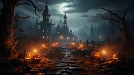Obraz premium Halloween background with pumpkins and haunted house - 3D render. Halloween background with Evil Pumpkin. Spooky scary dark Night forrest. Holiday event halloween banner background concept