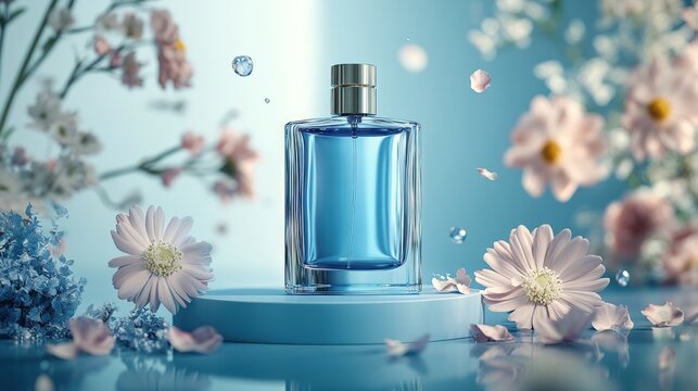 Blue perfume bottle on a blue podium surrounded by pink flowers and petals.