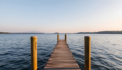 Fototapeta premium Wooden Dock Extending into a Tranquil Lake with a Mountain in the Distance