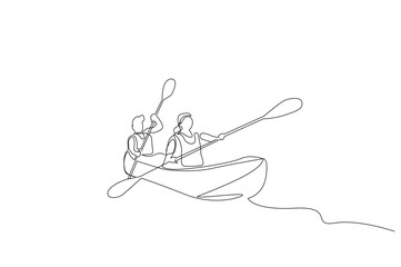 man woman couple together boat kayak canoe water sport lifestyle one line art design vector
