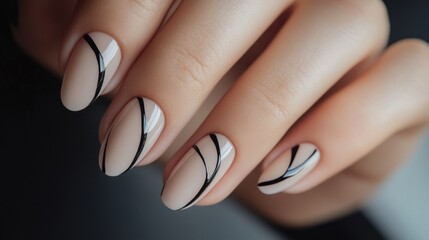 Close-up of a hand with nude nails and black abstract design.