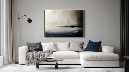 Modern living room with a white sectional sofa, a black lamp, a coffee table with books, a rug, and a large abstract painting above the sofa.