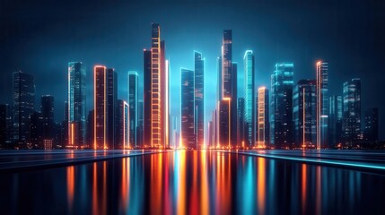 Fototapeta premium A vibrant city skyline illuminated by neon lights, showcasing modern architecture reflected in calm waters at night.