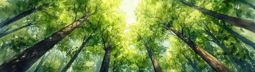 Obraz premium A vibrant forest scene, showcasing tall trees and lush green leaves under a bright sky. Perfect for nature and relaxation themes.