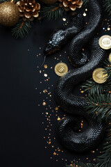 Fototapeta premium New Year 2025 with snake, confetti and gold coins. Snakes New Year's poster banner on black background. Ai generative