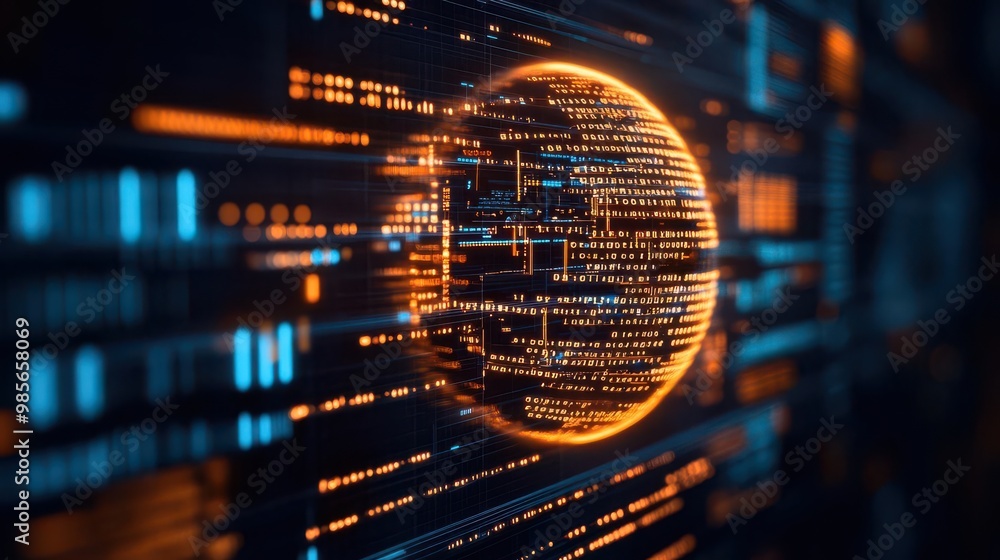 Poster abstract digital sphere with glowing lines and data streams representing technology and innovation i