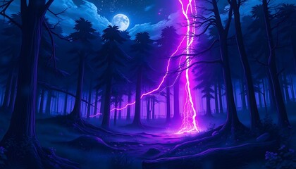 A vibrant pink lightning strike illuminating a dark, moonlit forest